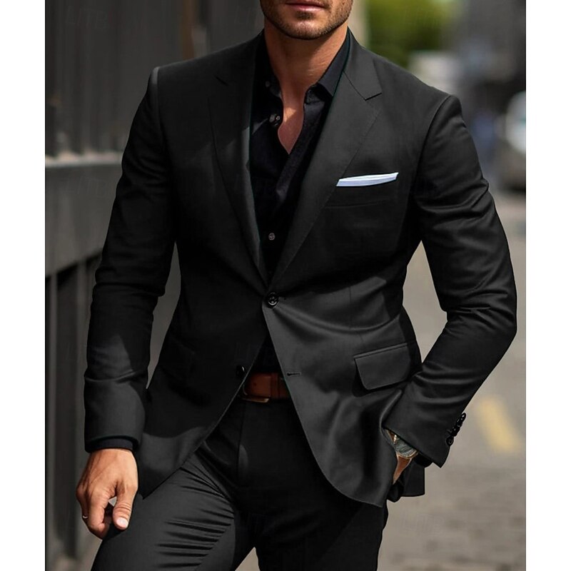 Men's Wedding Suits Notch Black Burgundy Business Formal Solid Colored Tailored Fit 2 Piece Single Breasted Two-buttons3