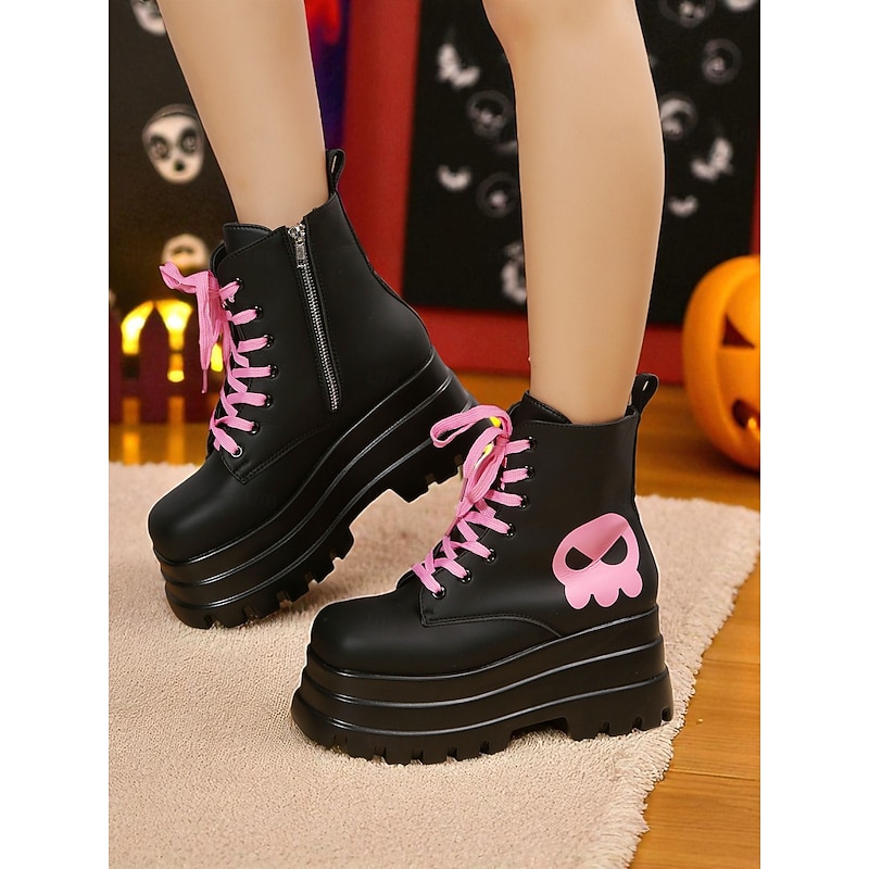 Women's Gothic Platform Combat Boots - Black Chunky Lace-Up Ankle Boots with Pink Skull for Cosplay, Halloween, and Punk Streetwear
