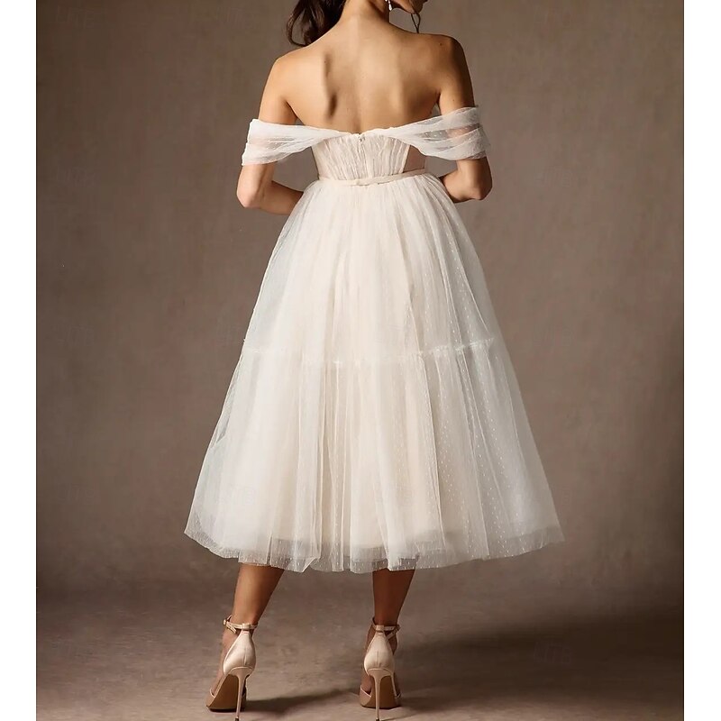 Engagement Little White Dresses Wedding Dresses A-Line Sweetheart Strapless Tea Length Satin Bridal Gowns With Sash / Ribbon Pleats2