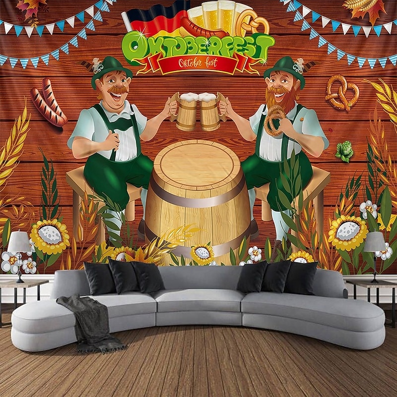 Oktoberfest German Bavarian Hanging Tapestry Pretzel Beer Bratwurst Wall Art Blue White Plaid Large Tapestry Mural Decor Photograph Backdrop Festival3