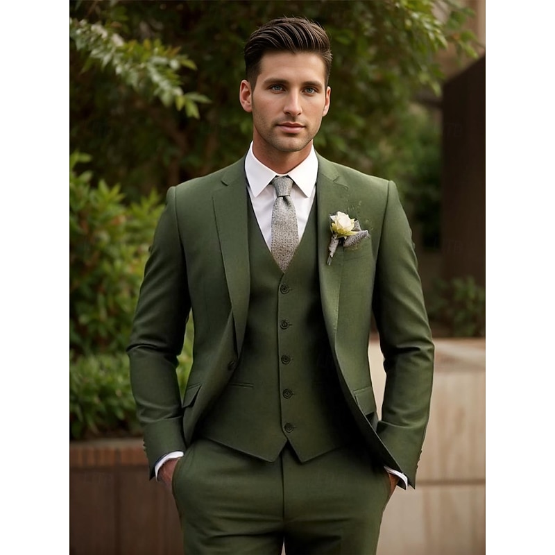 Men's Wedding Suits Notch Lapel Army Green Party Formal Solid Colored Standard Fit 3 Piece Single Breasted Two-buttons2