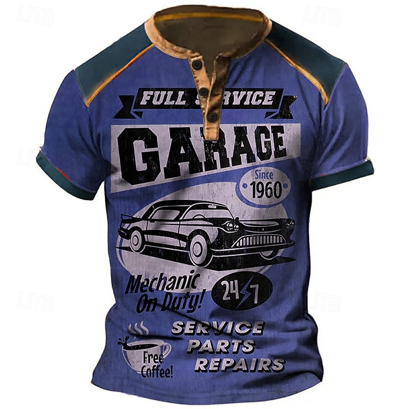 Men's Graphic Car Henley Shirt Short Sleeve 3D Print Fashion Designer Comfortable Outdoor Daily Summer Red Blue Sky Blue Purple Orange Henley Henley T-Shirt4