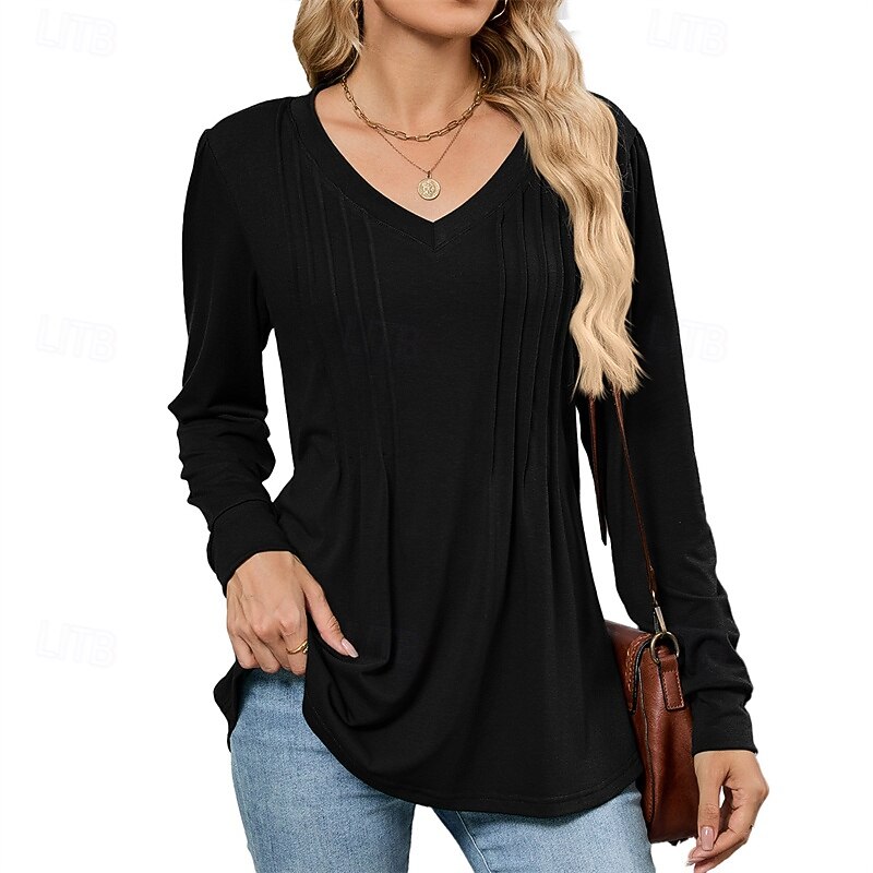 Women's T Shirt Plain Casual Long Sleeve V Neck Regular Tops Daily Weekend Tunic Black White Pink Wine Navy Blue Summer Texture Fabric2