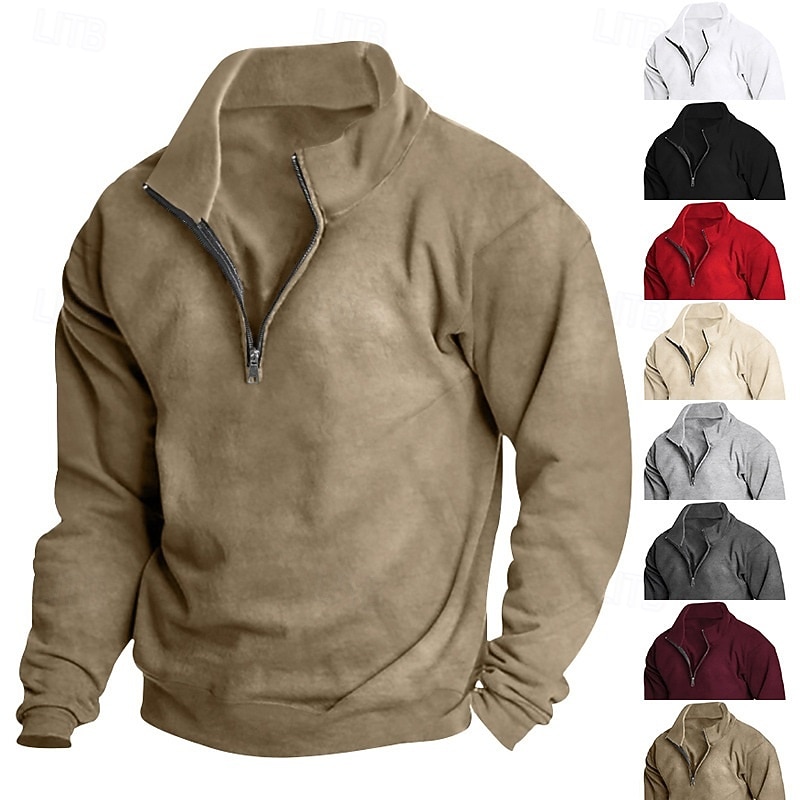 Men's Zip Sweatshirt Fleece Hoodie Apricot Wine Red Black White Red Standing Collar Plain Zip Up Quarter Zip Sports & Outdoor Casual Daily Streetwear Cool Sportswear Fall & Winter Clothing Apparel