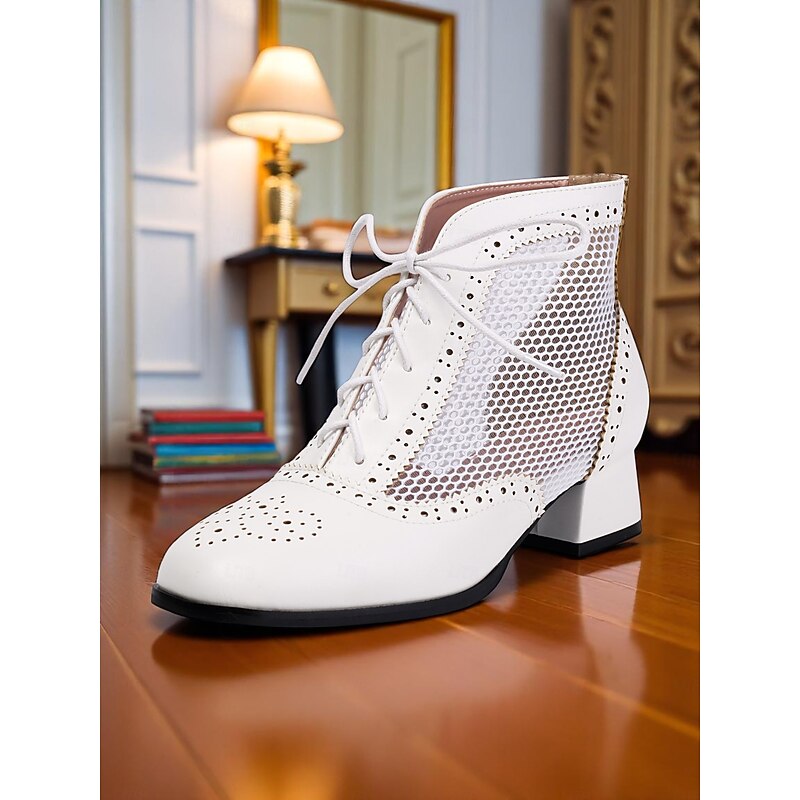 Women's Edwardian 1910s White Mesh Oxford Boots  - Vintage Lace-Up Dance Shoes with Cutout Design and Chunky Heels for Summer Jazz Parties and Retro Costumes4