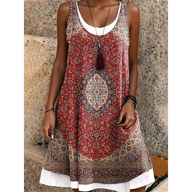 Women's Mini Dress T Shirt Dress Tee Dress Sundress A Line Dress Vacation Casual Boho Daily Loose Fit Floral Graphic Paisley Sleeveless U Neck Yellow Red Summer Spring
