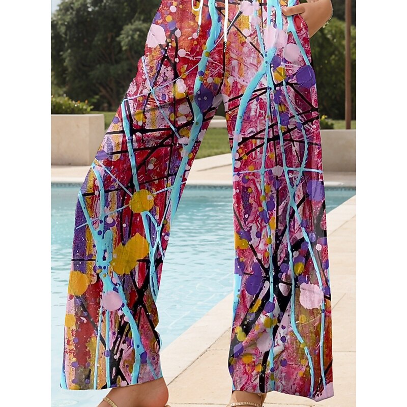 Women's Wide Leg Chinos Baggy Pants Vacation Vintage Fashion Full Length High Waist Graphic Abstract Printing Soft Breathable Micro-elastic Formal Outdoor Vacation carmine Robin's Egg Blue Yellow3
