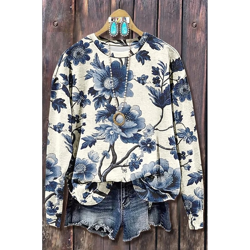 Women's Pullover Sweatshirt Floral Graphic Warm Active Vintage Long Sleeve Crew Neck Regular Tops Street Dailywear Casual Print Black Pink Blue Green Spring Fall Winter3