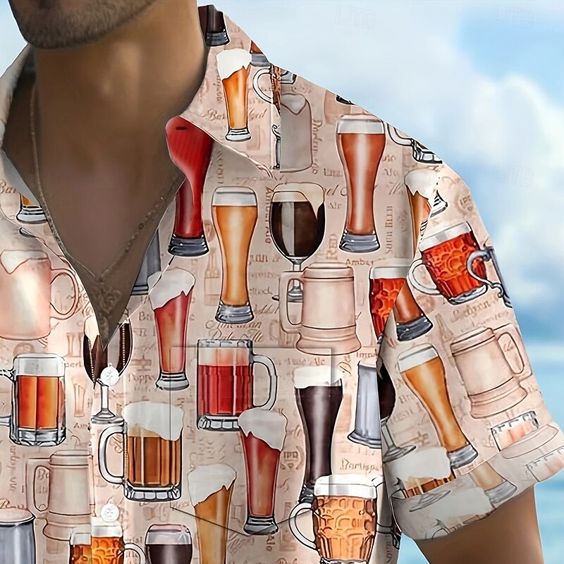 Men's Oktoberfest Beer Shirt Summer Shirt Button Up Shirt Short Sleeve Fashion Casual Outdoor Holiday Summer Spring Turndown 3D Print Collared Shirts Front One Pocket Yellow Pink3