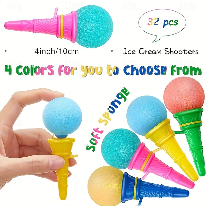 32pcs Colorful Mini Ice Cream Launcher Toys - 10cm Fun Party Favors for Youngsters Assorted Random Colors (Pink Blue Yellow Green Orange) with Plastic Base and Striped Design Ice Cream Party Dec3