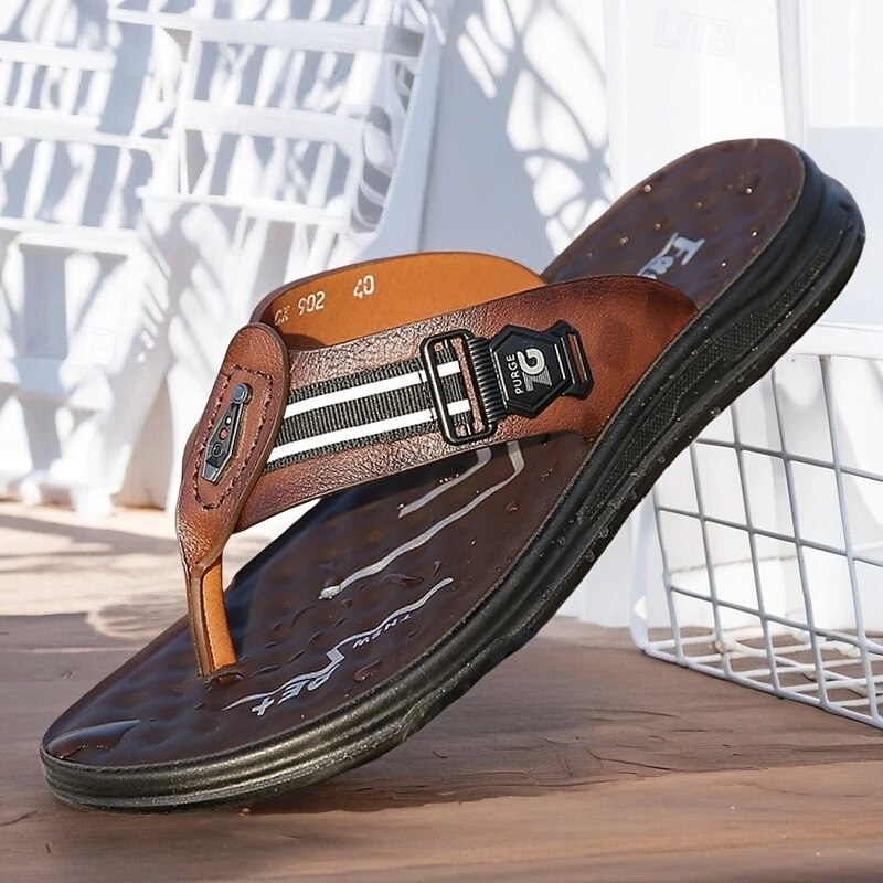 Men's Faux Leather Thong Sandals with Contrast Webbing Strap, Slip-Resistant Flip-Flops for Beach Holidays, Poolside Relaxation and Summer Walking