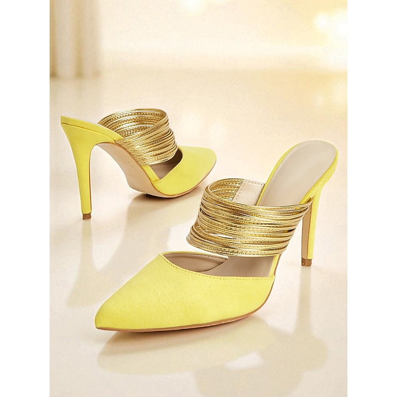 Women's Yellow Stiletto Mules with Gold Coil Straps - Pointed Toe High Heels for Nightlife Parties and Evening Events3