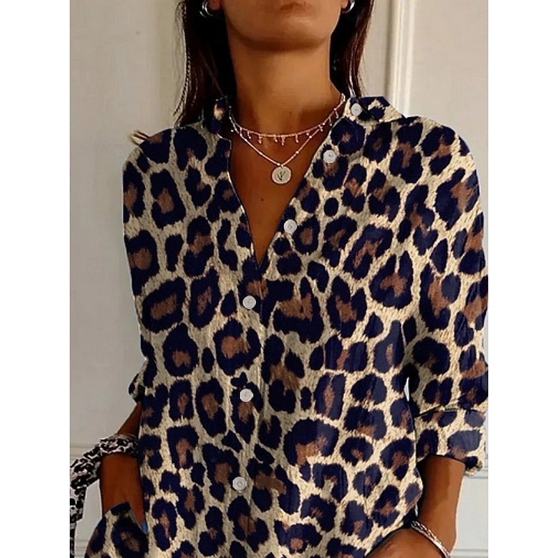Women's Shirt Leopard Striped Active Daily Stylish Long Sleeve Shirt Collar Regular Tops Daily Holiday Buttons Print White Brown Spring Fall2