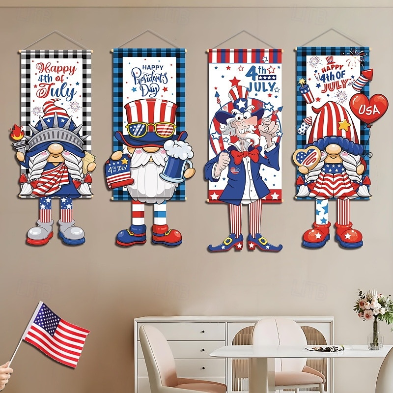 4th of July Decoration Patriotic Hanging Door Sign with Rope, American Flag for Independence Day Memorial Day Front Door Porch Wall Window Decor