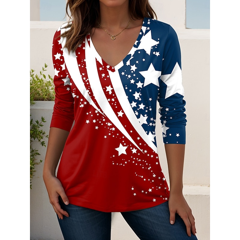 Women's Patriotic T Shirt V Neck Long Sleeve Tunic Geometric National Flag Elegant Vintage Stylish Regular Tops Daily Weekend Print Red Navy Blue Blue  Spring Prefall