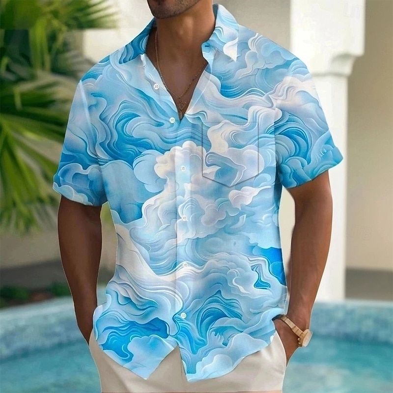 Men's Geometric Abstract Art Shirt Summer Shirt Button Up Shirt Short Sleeve Fashion Casual Outdoor Vacation Dailywear Summer Spring Turndown 3D Print Collared Shirts Front One Pocket Black Blue