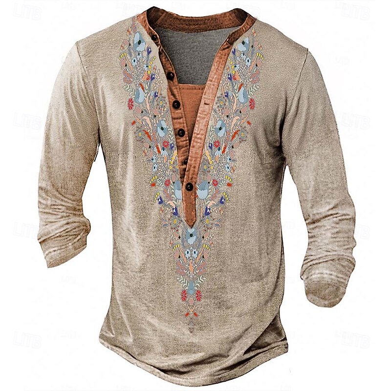 Men's Print Ethnic T Shirt Henley Shirt Long Sleeve Designer Retro Vintage Ethnic Street Casual Daily Summer Spring Fall Blue Green Khaki Grey Henley Henley T-Shirt2