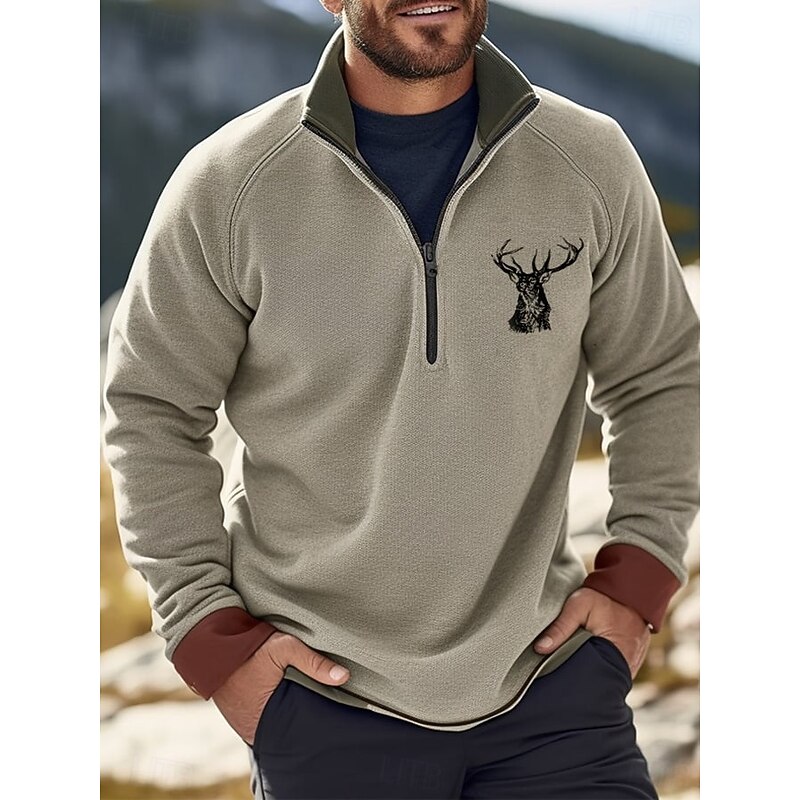 Men's Sweatshirt Quarter Zip Sweatshirt Gray Half Zip Reindeer Plain Half Zip Print Sports & Outdoor Daily Holiday Polyester Vintage Streetwear Casual Fall & Winter Clothing Apparel Hoodies