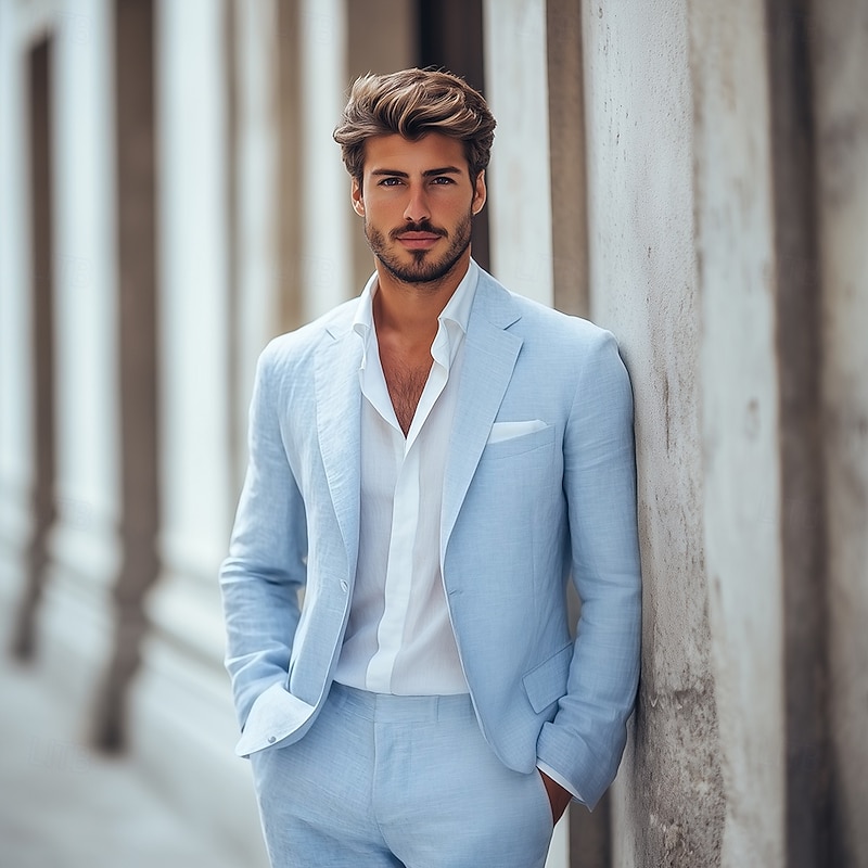 Men's Linen Suits Summer Wedding Beige Light Blue Daily Half Lined Lightweight Solid Colored Standard Fit 2 Piece Single Breasted One-button
