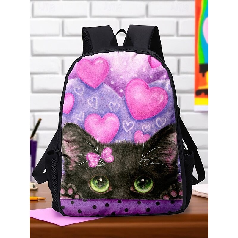 Girl's cute cat print backpack, Double layer design, Large capacity, Suitable for school, Travel and daily use Kayomi Harai2