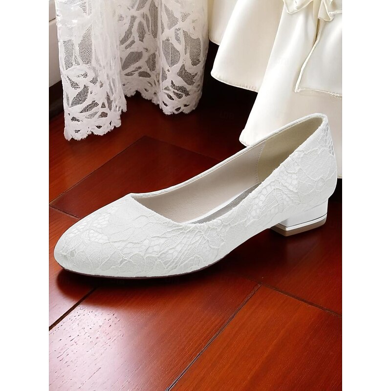 Women's Ivory Lace Low Heel Wedding Flats, Elegant Round Toe Slip-On Bridal Shoes for Formal Ceremonies and Reception Events3