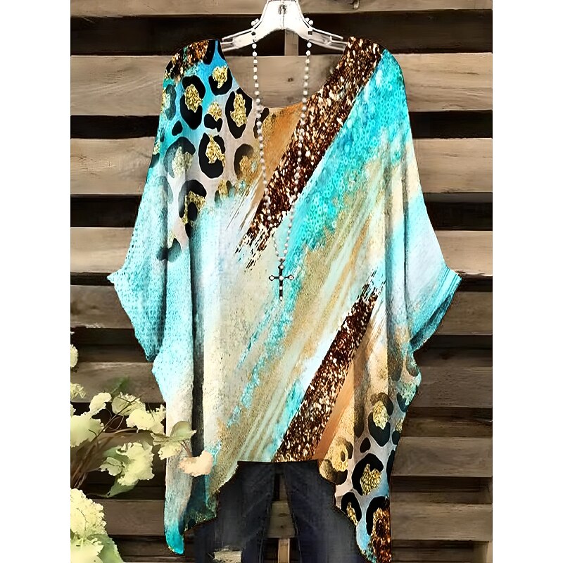 Women's Blouse Graphic Leopard Geometric Elegant Vintage Daily Short Sleeve Batwing Sleeve Crew Neck Regular Tops Daily Holiday Vacation Wear Red Blue Orange Khaki Summer Spring