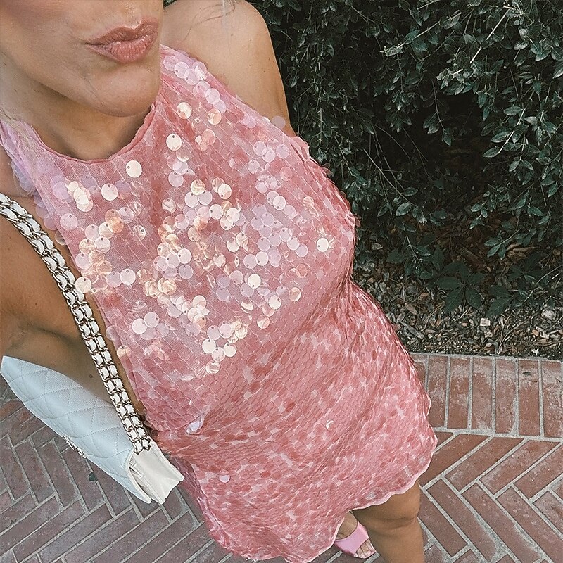 Women's Mini Dress Sequin Dress Party Dress Cocktail Dress Halter Neck Dress Fashion Party Evening Party Cocktail Party Regular Fit Plain Sleeveless Halter Neck Pink Summer
