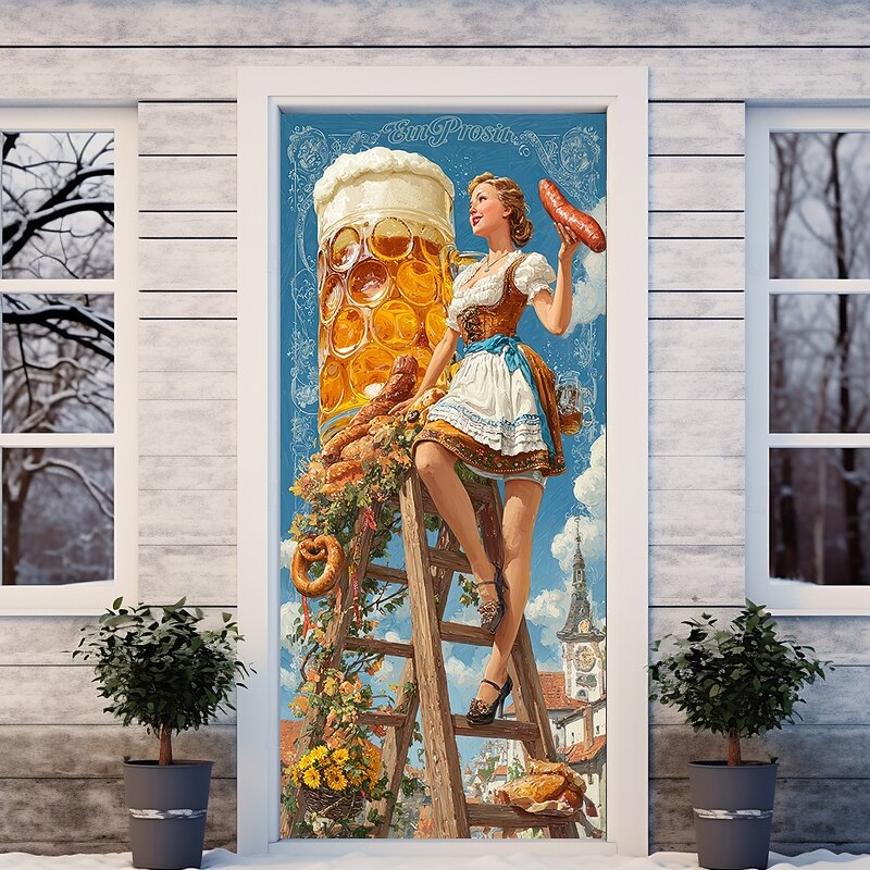 Oktoberfest Door Decorations German Bavarian Beer Door Covers Door Tapestry Door Curtain Decoration Backdrop Indoor/Outdoor Door Banner for Front Door Office Door4