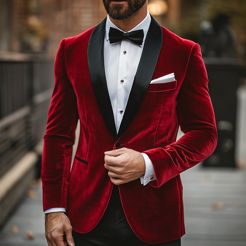 Men's Blazer Party Evening Wear Wedding Party Vintage Fashion Luxury Solid Colored Regular Fit Polyester Men's Suit Burgundy - Shawl Lapel