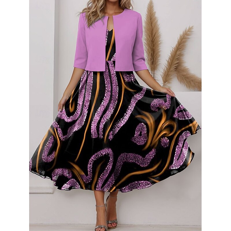 Women's Two Piece Dress Sets Midi Dress with Jacket Elegant A Line Dress Half Sleeve Party Semi Formal Graphic Stripe Print V Neck Wedding Guest Daily Pink Purple Orange Regular Fit