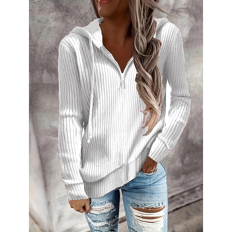 Women's Sweater Casual Soft Pure Color Ribbed Hooded Knitted Long Sleeve Regular Tops Knit Outdoor Daily Weekend Black White Fall Winter