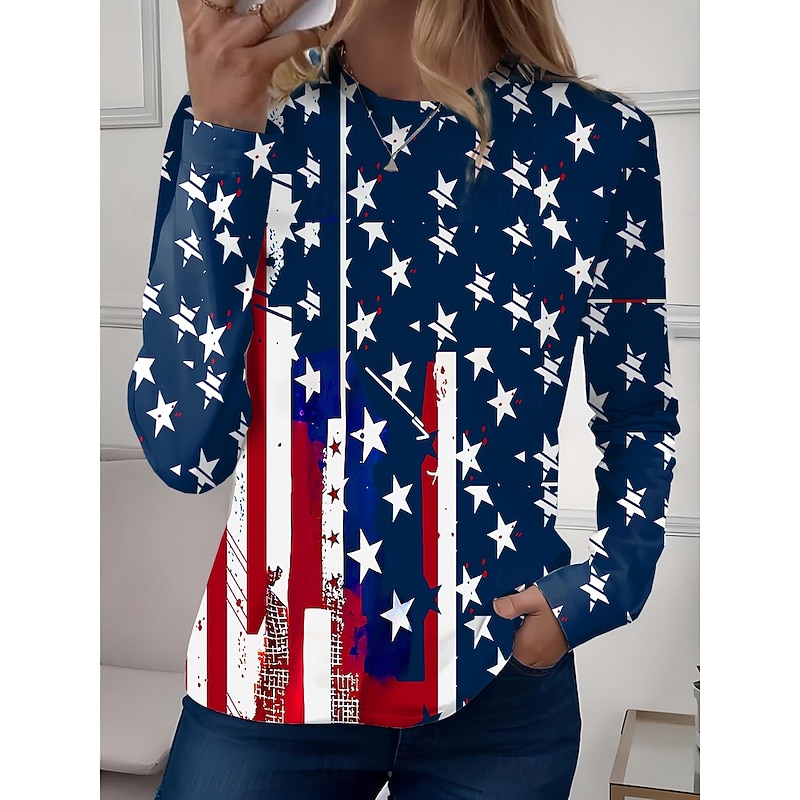 American Women's T shirt Long Sleeve Crew Neck Long Sleeve Tunic Graphic American Flag Vintage Stylish Classic Round Neck Regular Tops Daily Weekend Print White Red Navy Blue Blue Red / Blue  Prefall3