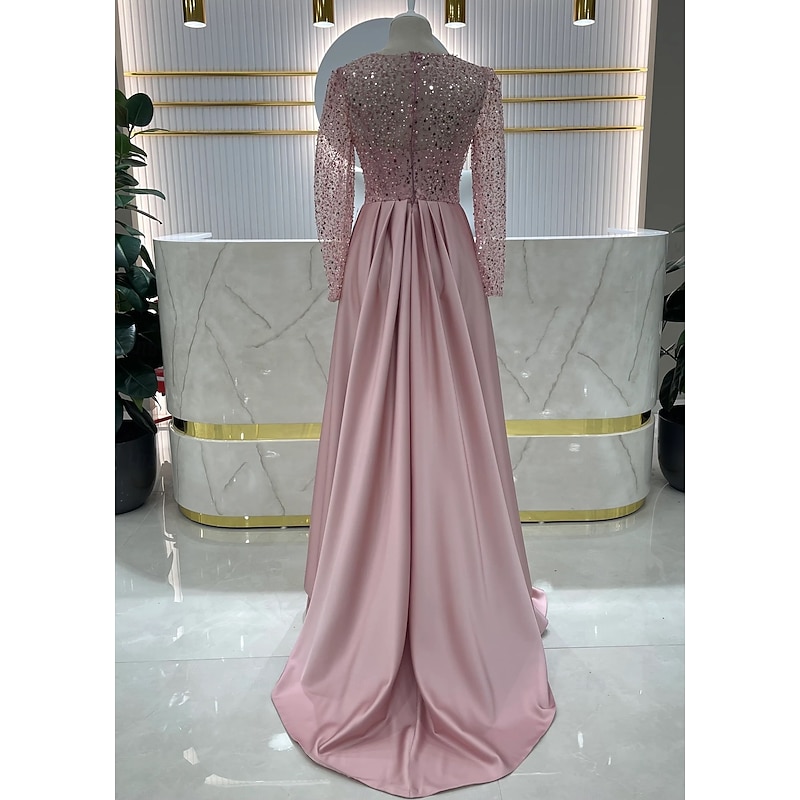 Mermaid / Trumpet Evening Gown Elegant Dress Carnival Formal Floor Length Long Sleeve Illusion Neck Detachable Satin with Pearls Overskirt4