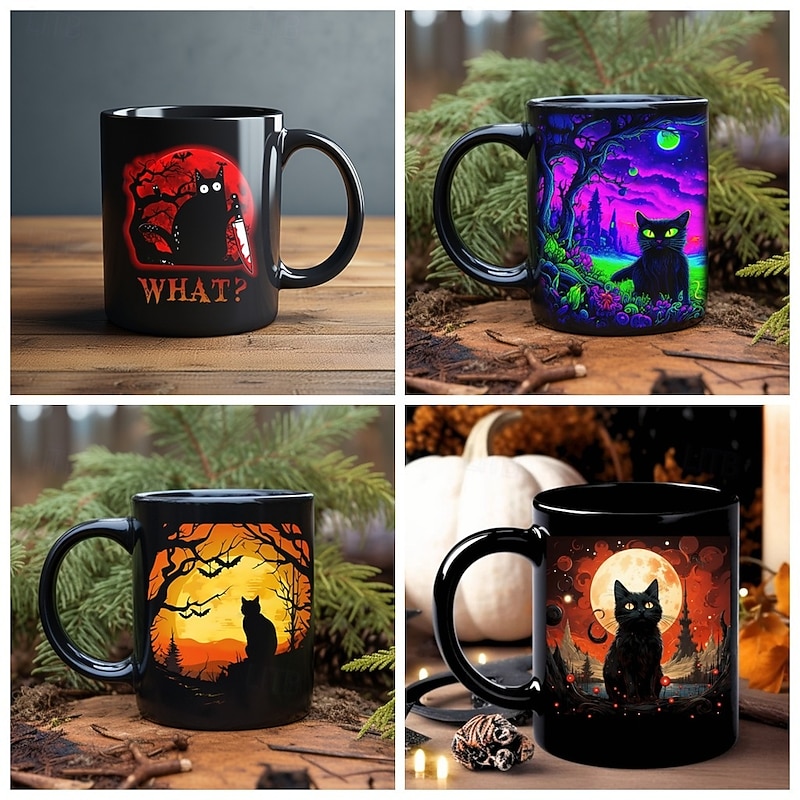 Halloween Gift Mug, Black Cat Ceramic Coffee Mug 330ml/12oz, Cute Halloween Cup for Cat Lovers, Spooky Kitty Themed Mug for Women, Friends, Holiday Gift