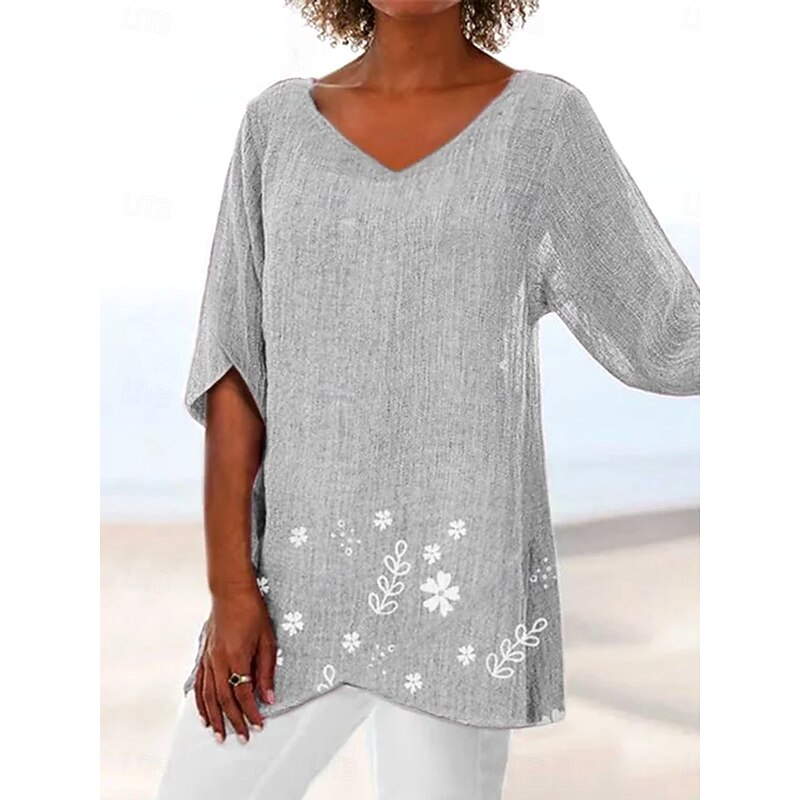 Women's Blouse Long Sleeve Asymmetrical Hem Floral Graphic Leaf Hawaiian Stylish Casual 3/4 Length Sleeve V Neck Regular Tops Daily Holiday Going out Print Asymmetric Hem Yellow Light Purple Fuchsia