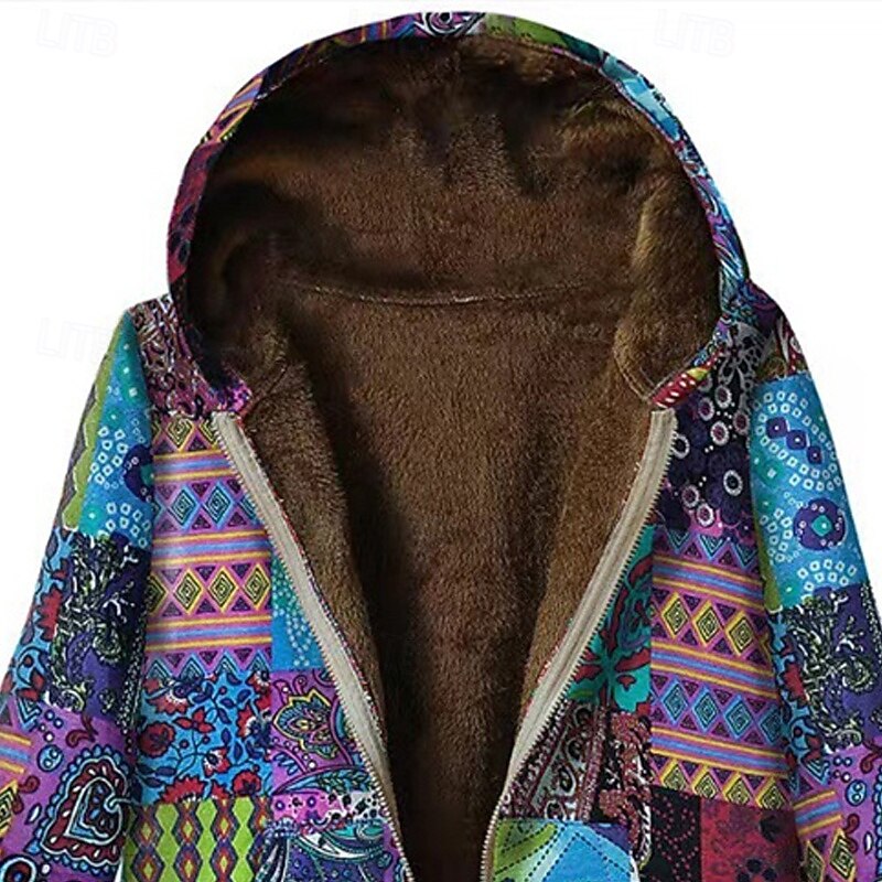 Women's Fleece Jacket Coat Hoodie Jacket Warm Comfortable Zipper Pocket Fashion Modern Casual Print Going out Weekend Zipper Regular Hooded Regular Fit Long Sleeve Outerwear Blue Winter2