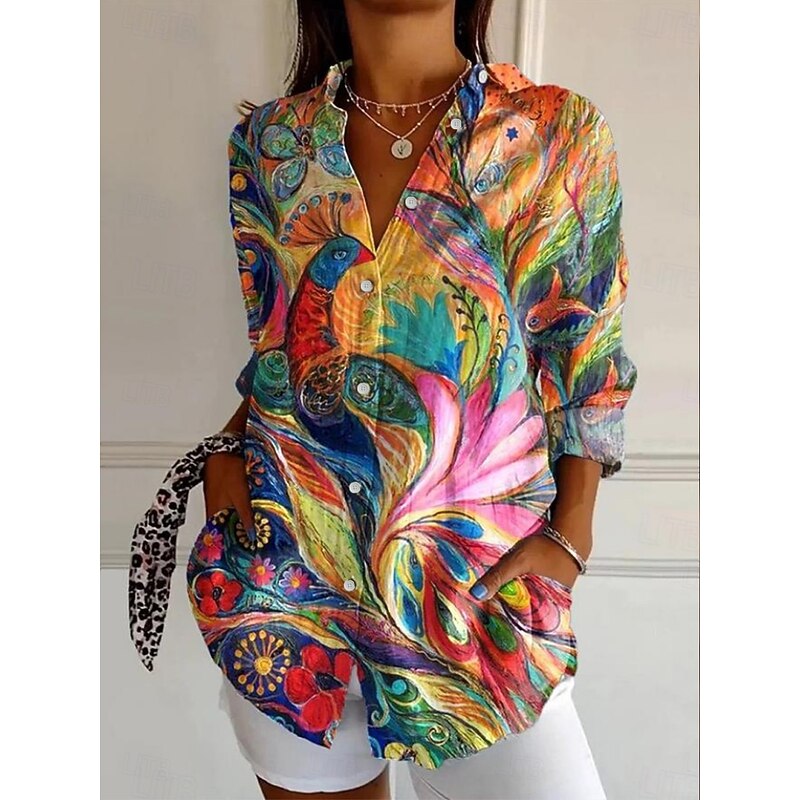 Women's Shirt Button Down Tunic Shirt Collar Long Sleeve Ombre Floral Graphic Romantic Casual Beach Regular Tops Work Daily s Print Pink Green Rainbow Spring Fall2