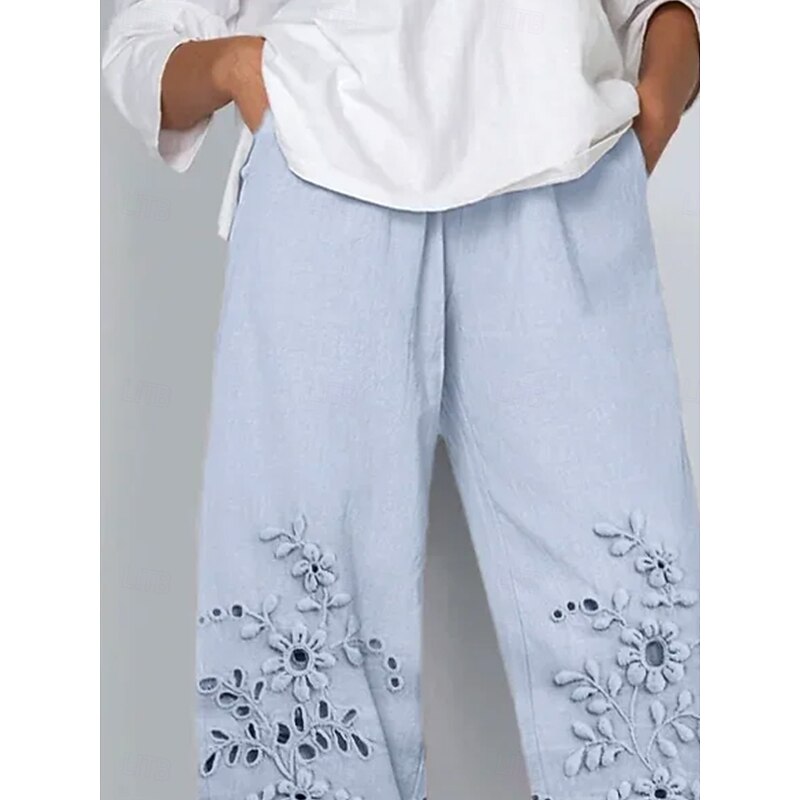 Women's Chinos Baggy Pants Vacation Vintage Ethnic Style Full Length High Waist Floral Graphic 3D Drawstring Patchwork Embroidered Breathable Micro-elastic Vacation Casual Daily Pinky Robin's Egg2