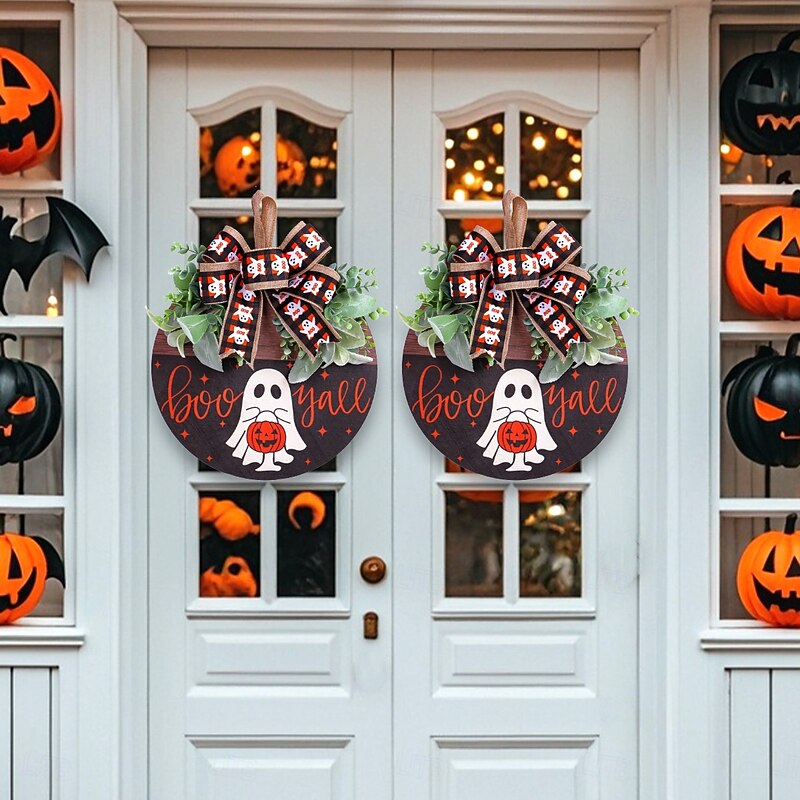 Halloween Door Sign Hanger Decorations, Orange Ribbon Wooden Sign with Ghost and Pumpkin BOO for Front Door Halloween Decor4
