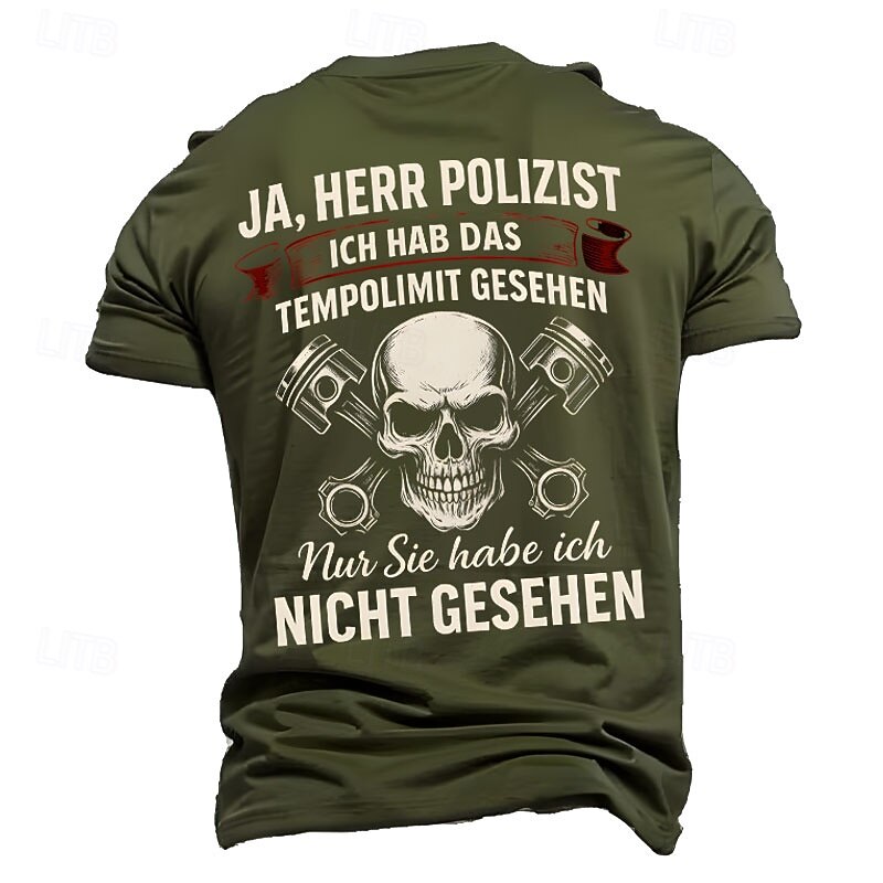 Men's Funny Driving T-Shirt: 'Yes Officer I Saw The Speed Limit; Only You I Didn't See' Humorous Skull & Pistons Graphic Short Sleeve3