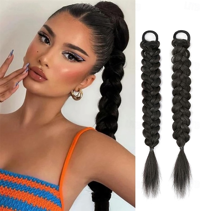 2Pcs Braided Ponytail Extensions with Hair Ties Soft Synthetic Hair Pieces for Women Girls Daily Wear 16 Inch