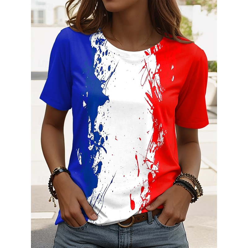 French Women's T Shirt Graphic Flag Vintage Stylish Casual Short Sleeve Crew Neck Regular Tops Daily Weekend Print Red Blue Summer Spring4