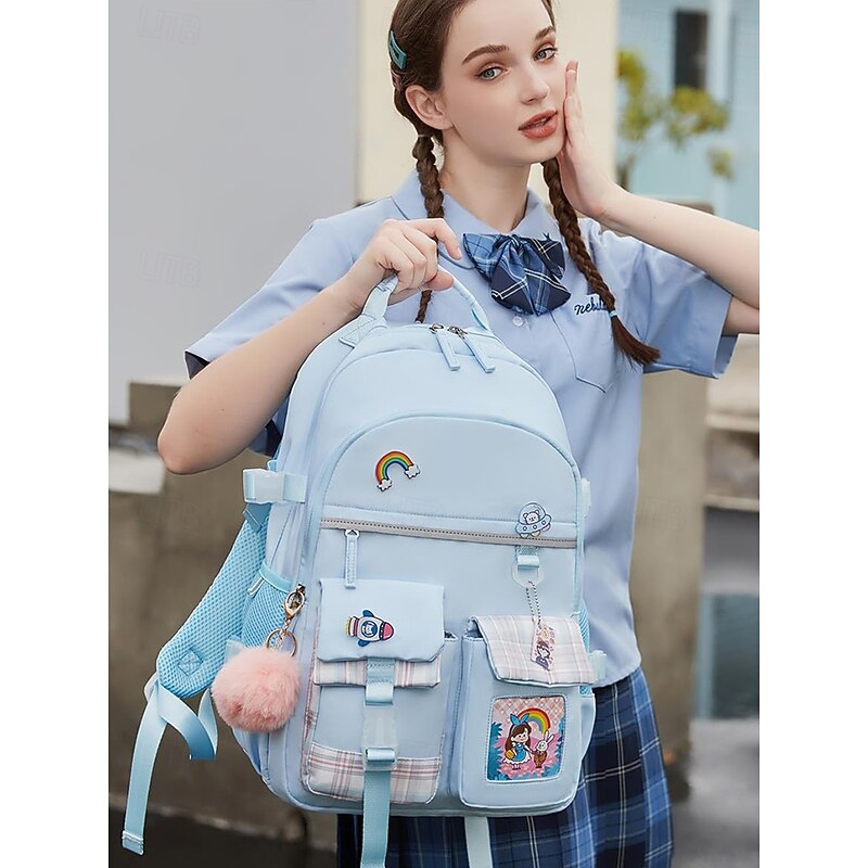 Cute girl campus backpack - multi-pocket design, Plaid stitching, Lightweight and waterproof, large capacity, Suitable for daily commuting Black Pink Sky Blue3
