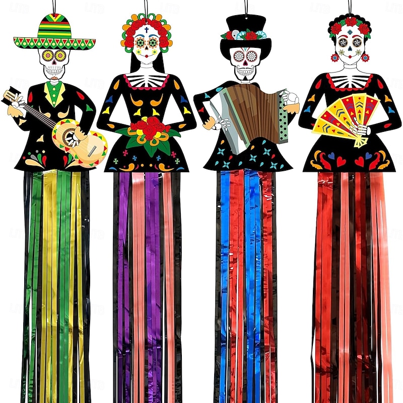 3.6FT Halloween Sugar Skull Hanging Decor Mexican Party Porch Hanging with Metallic Foil Fringe for Mexican Fiesta Halloween Day of The Dead Yard Tree Altar Home Indoor Outdoor