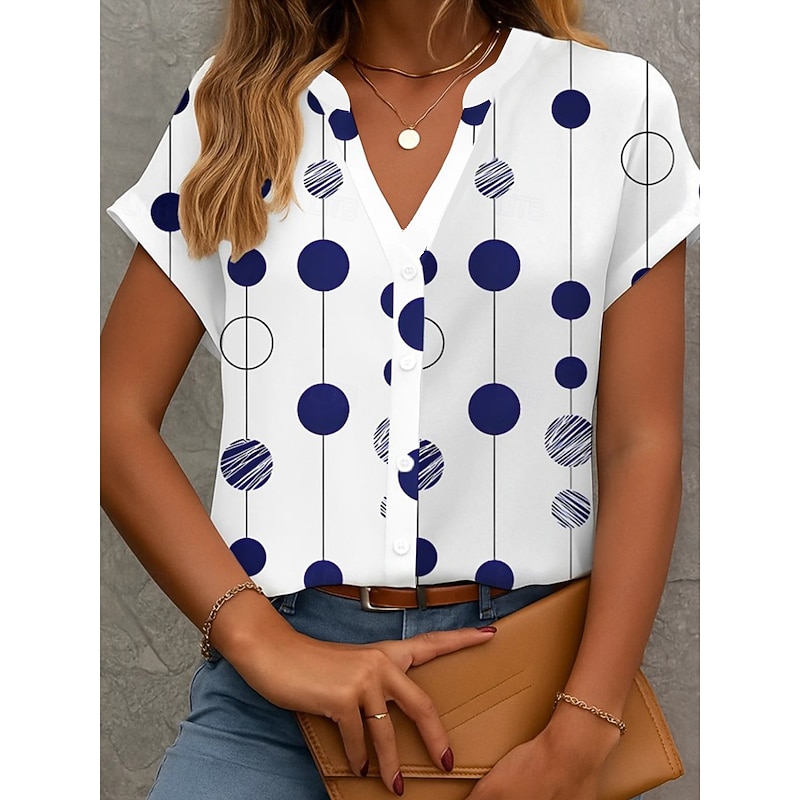 Women's Blouse V Neck Button Down Blouse Graphic Geometric Polka Dot Vintage Tropical Stylish Sleeveless Short Sleeve Regular Tops Daily Buttons Print White Summer Spring