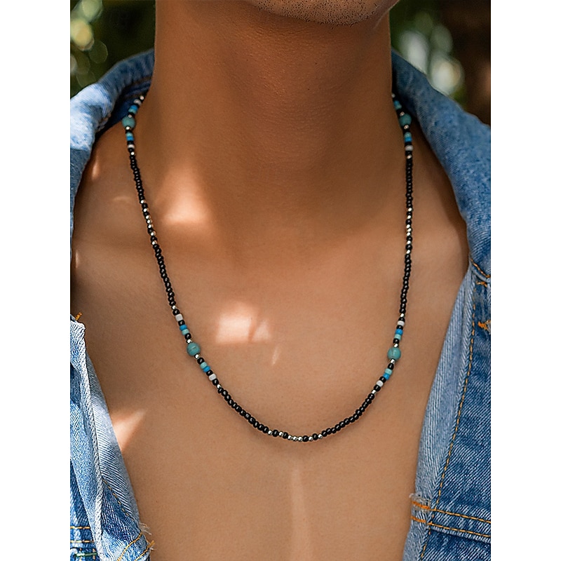 Men's Black and Turquoise Beaded Necklace โ Handmade Boho Surfer Style Jewelry for Summer Beach Outfits, Festivals and Casual Wear