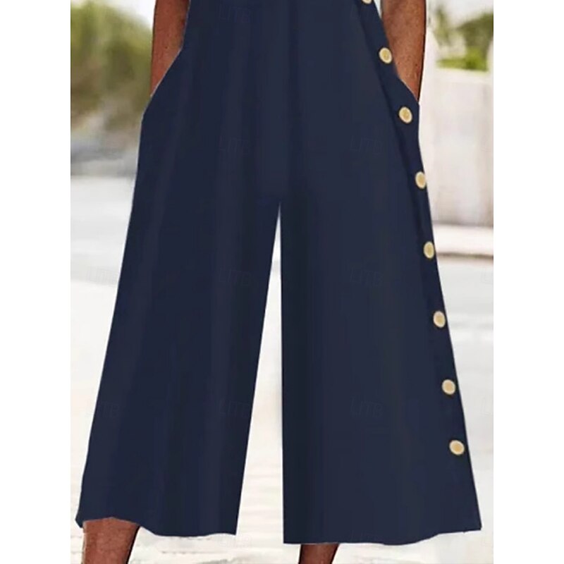 Women's Normal Jumpsuit Active Solid Color Half Sleeve Wide Leg V Neck Buttons Pocket Vacation Daily Regular Fit Navy Blue Summer3