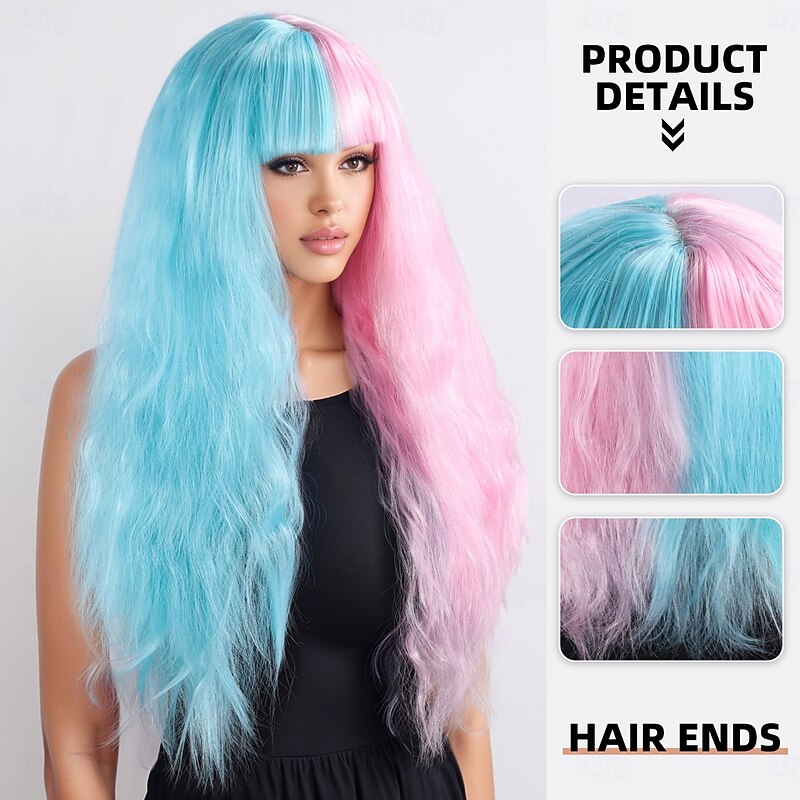 Synthetic Wig Bouncy Curl Water Wave Layered Haircut With Bangs Machine Made Wig 24 inch A1 Synthetic Hair Women's Classic Comfortable Ombre Hair Pink Blue2