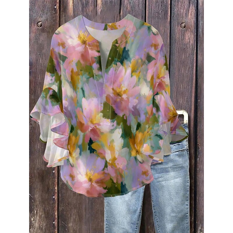 Women's Blouse Floral Stylish Modern 3/4 Length Sleeve V Neck Regular Tops Daily Holiday Ruffle Print Blue Lavender Purple Green Summer4