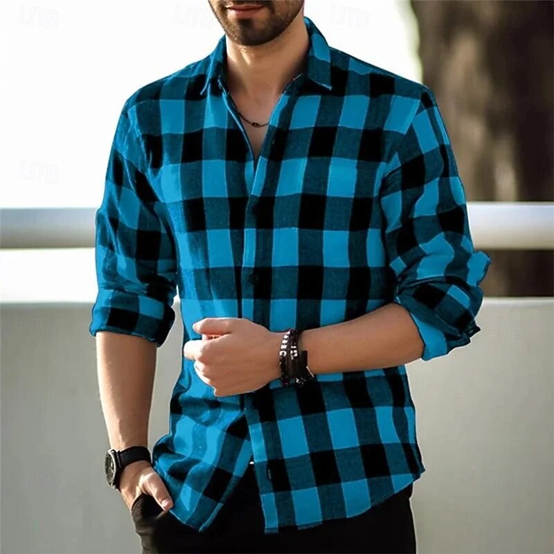 Men's Geometric Grid / Plaid Shirt Button Up Shirt Casual Dress Shirt Long Sleeve Fashion Casual Office Dailywear Spring Fall Turndown 3D Print Linen Like Shirt Black Red Navy Blue Blue2